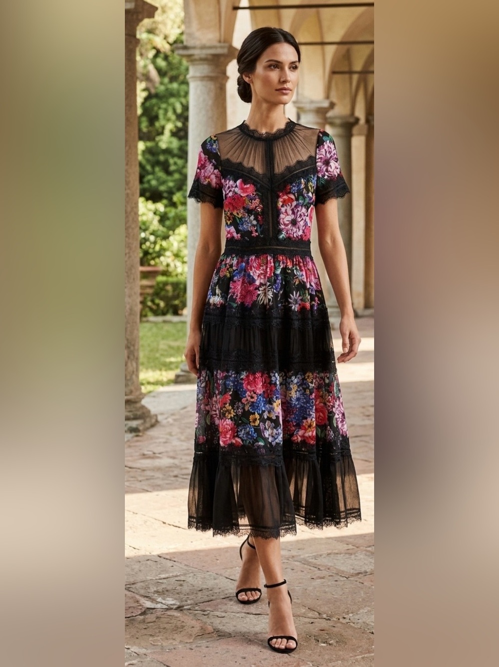 Tadashi Shoji Black Floral Midi Dress with Sheer Lace panels